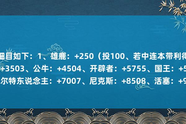 细目如下:1、雄鹿:+250(投100、若中连本带利得350、下同)2、篮网:+3503、公牛:+4504、开辟者:+5755、国王:+5756、凯尔特东说念主:+7007、尼克斯:+8508、活塞:+9509、魔术:+950 体育录像/图片